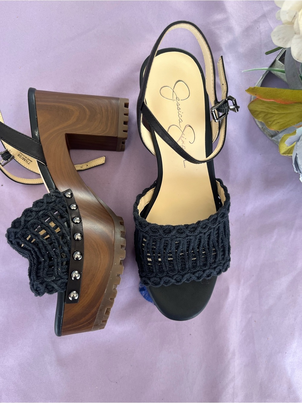 Jessica Simpson Black Crochet Platform Sandals with Wood-Look Block Heel